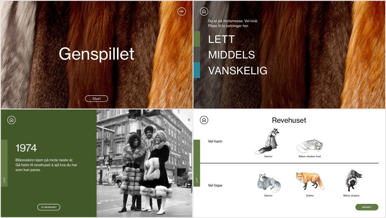 Skjermbilder fra revespillet med vanskelighetsgrader og revevarianter